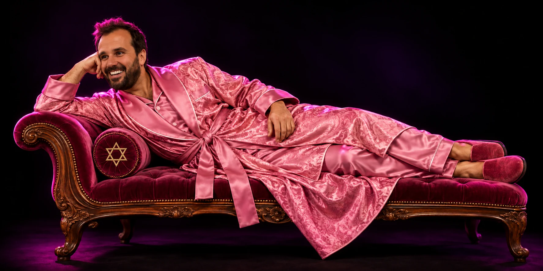 The smiling founder lounging on a velvet chaise in pink silk pajamas and a matching robe