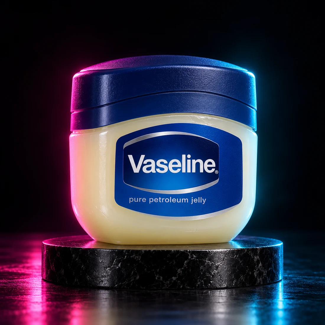 A Vaseline jar dramatically lit like a Hollywood star