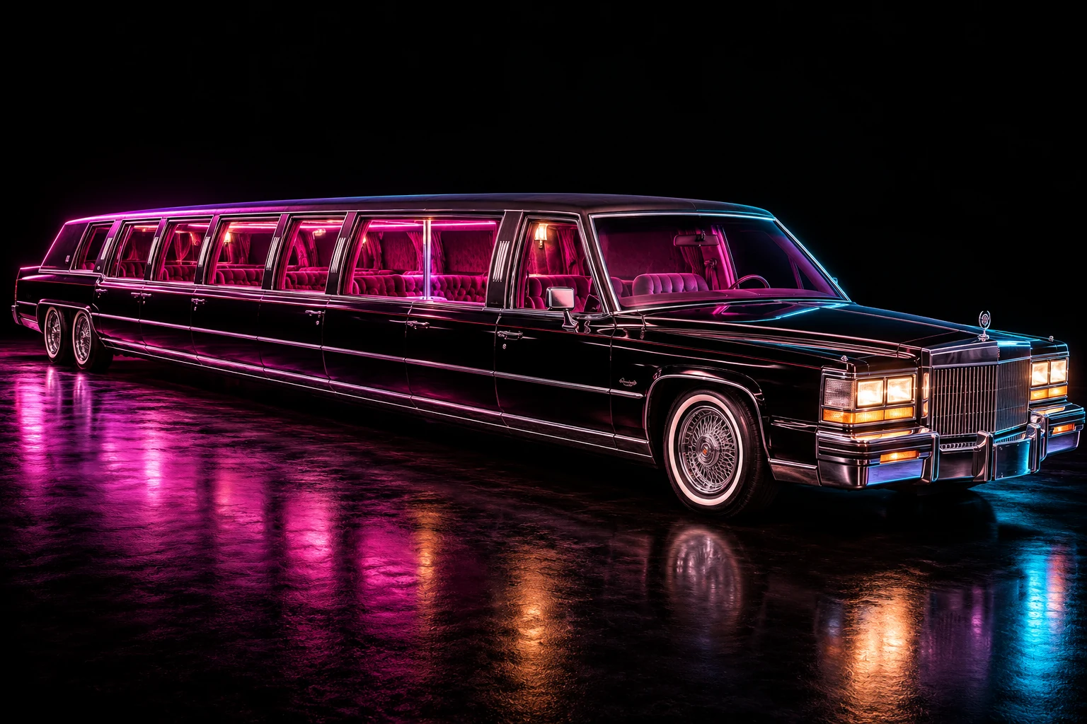 Vintage black stretch limousine with neon lighting, velvet interior and a chrome dance pole